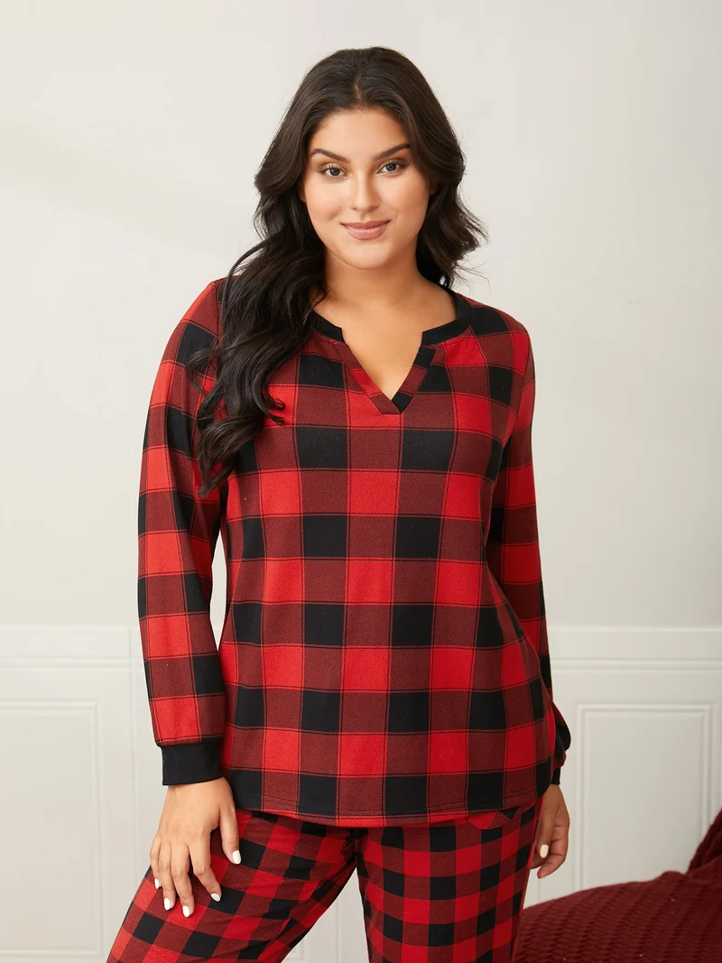 Checkered Contrast Collar Sleep Top