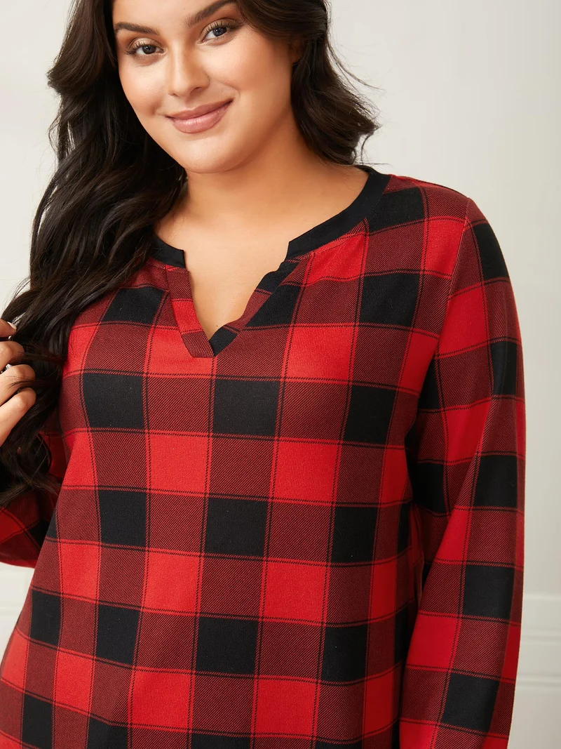 Checkered Contrast Collar Sleep Top