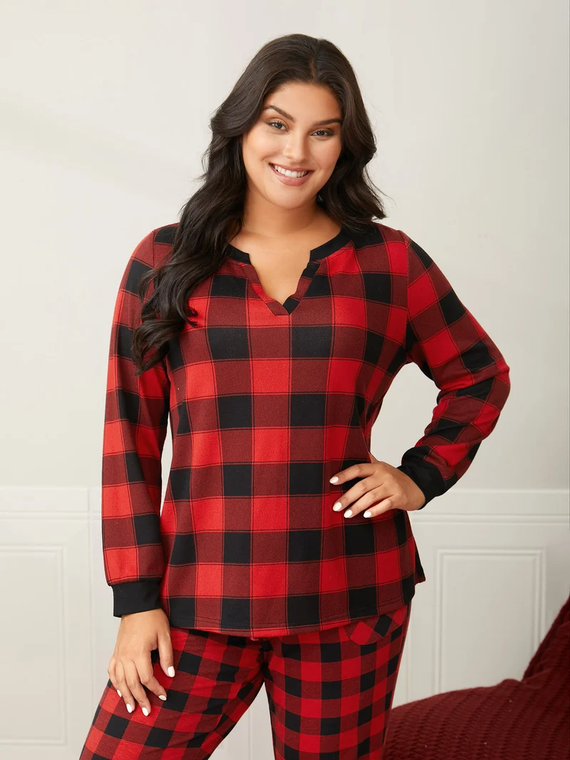 Checkered Contrast Collar Sleep Top