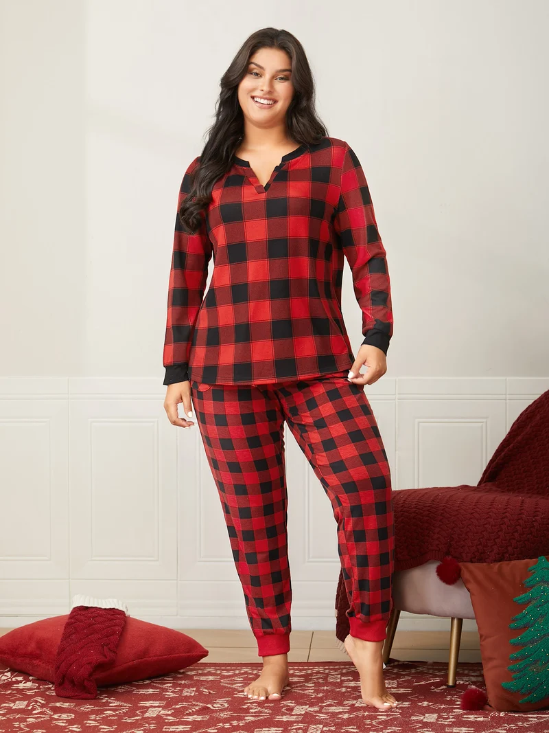 Checkered Contrast Collar Sleep Top