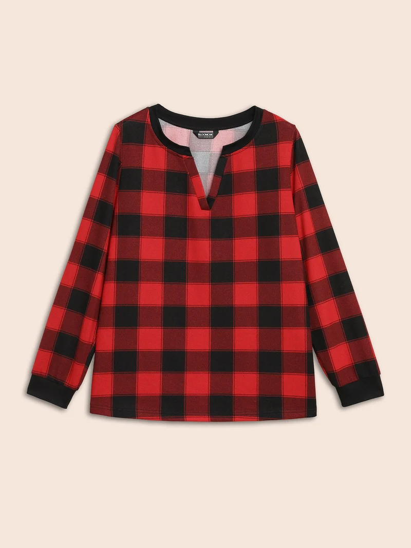 Checkered Contrast Collar Sleep Top
