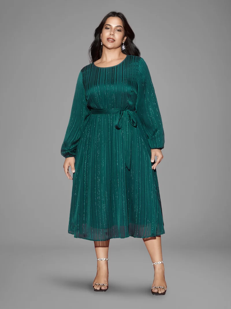 Shimmery Silver Thread Waist-Tie Midi Dress