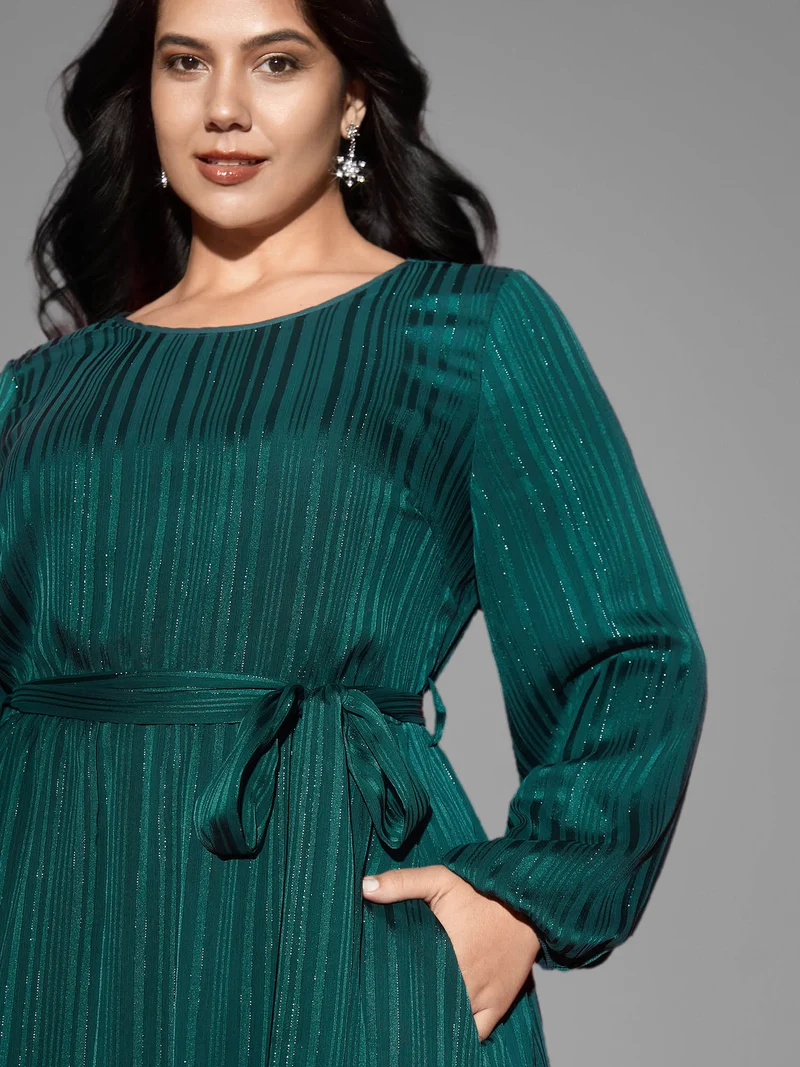 Shimmery Silver Thread Waist-Tie Midi Dress