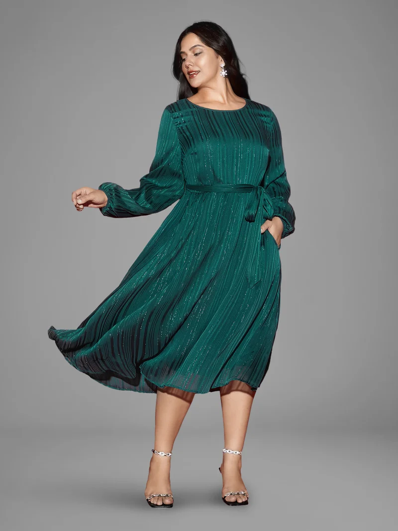 Shimmery Silver Thread Waist-Tie Midi Dress