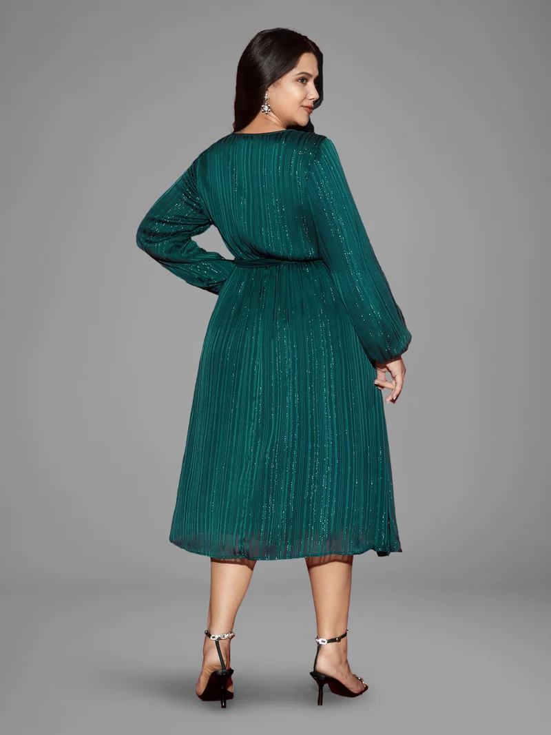 Shimmery Silver Thread Waist-Tie Midi Dress