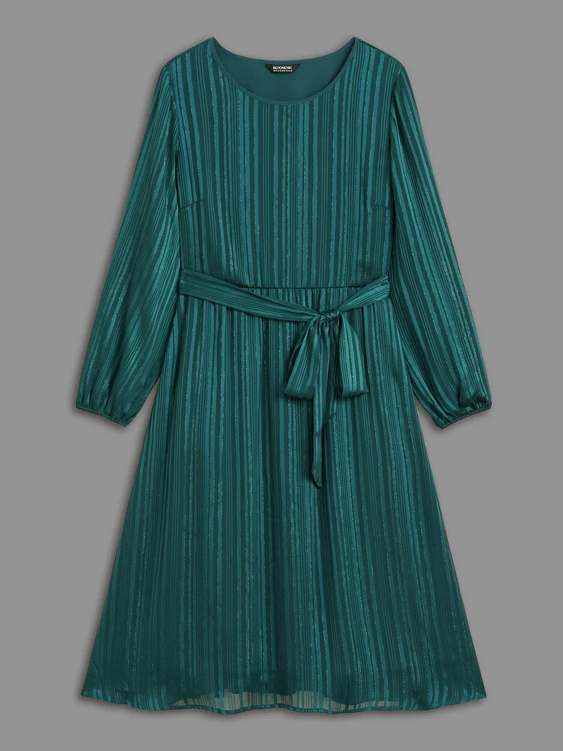 Shimmery Silver Thread Waist-Tie Midi Dress