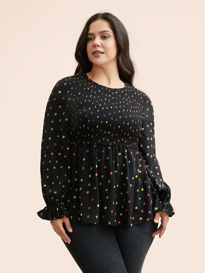 Color Polka Dot Shirred Lantern Sleeve Blouse