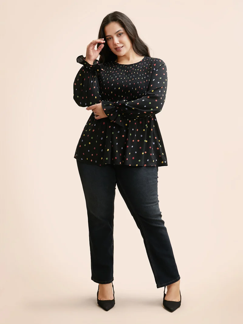 Color Polka Dot Shirred Lantern Sleeve Blouse