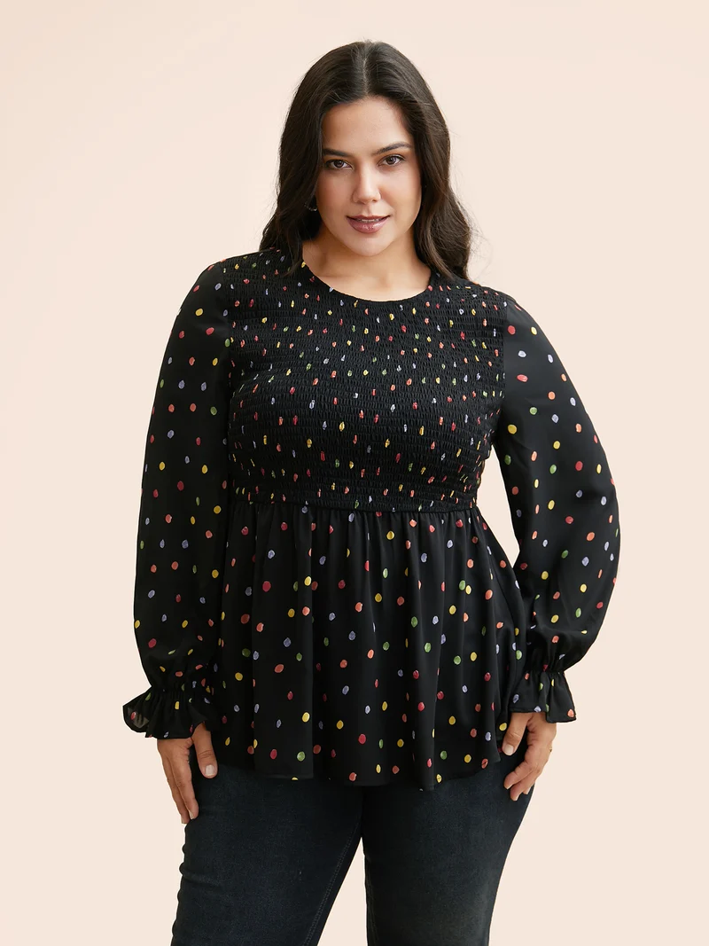 Color Polka Dot Shirred Lantern Sleeve Blouse