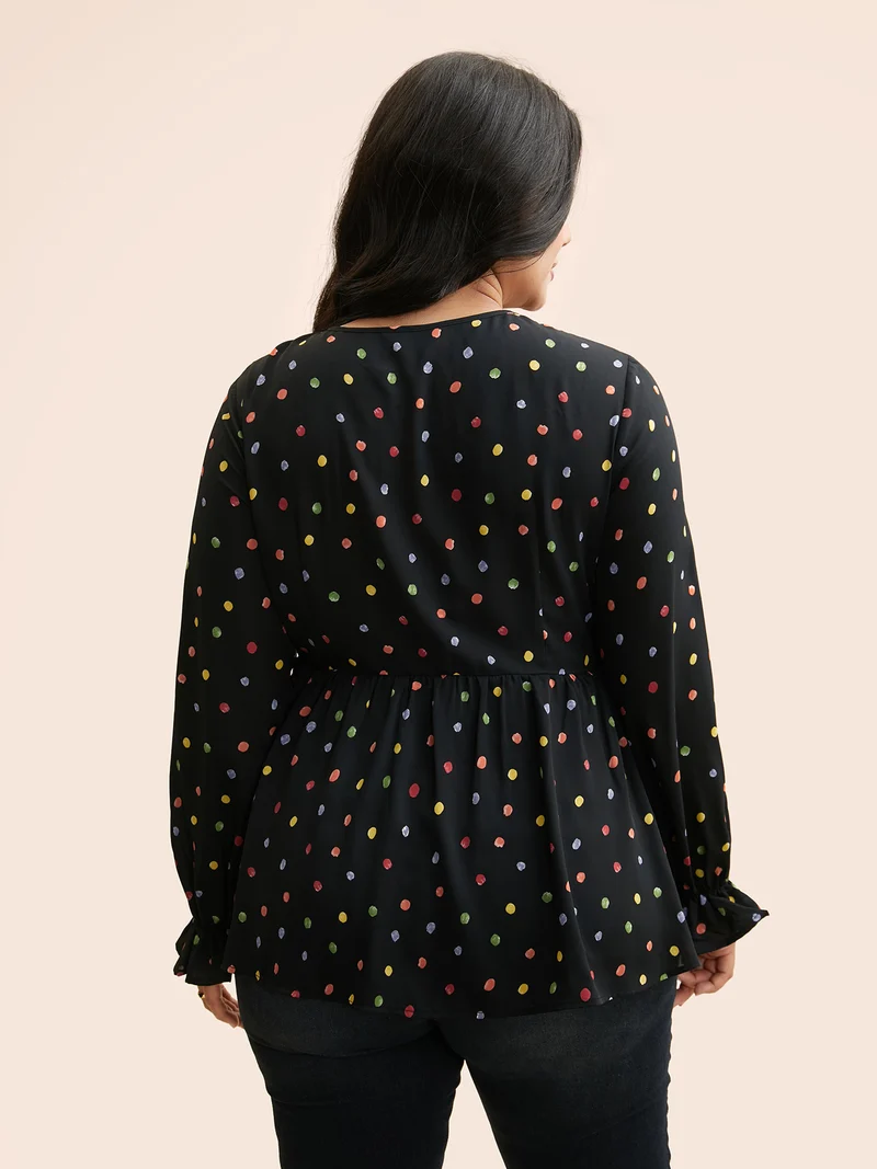 Color Polka Dot Shirred Lantern Sleeve Blouse