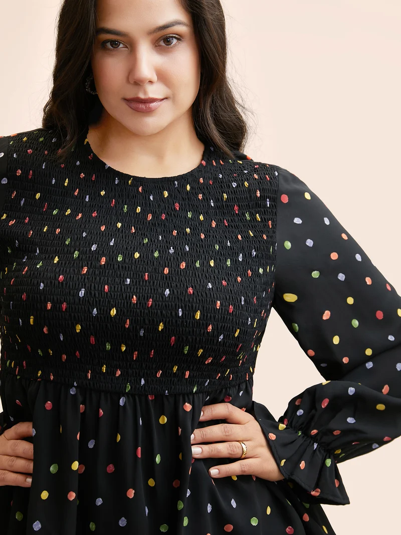 Color Polka Dot Shirred Lantern Sleeve Blouse