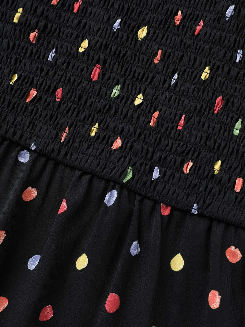 Color Polka Dot Shirred Lantern Sleeve Blouse