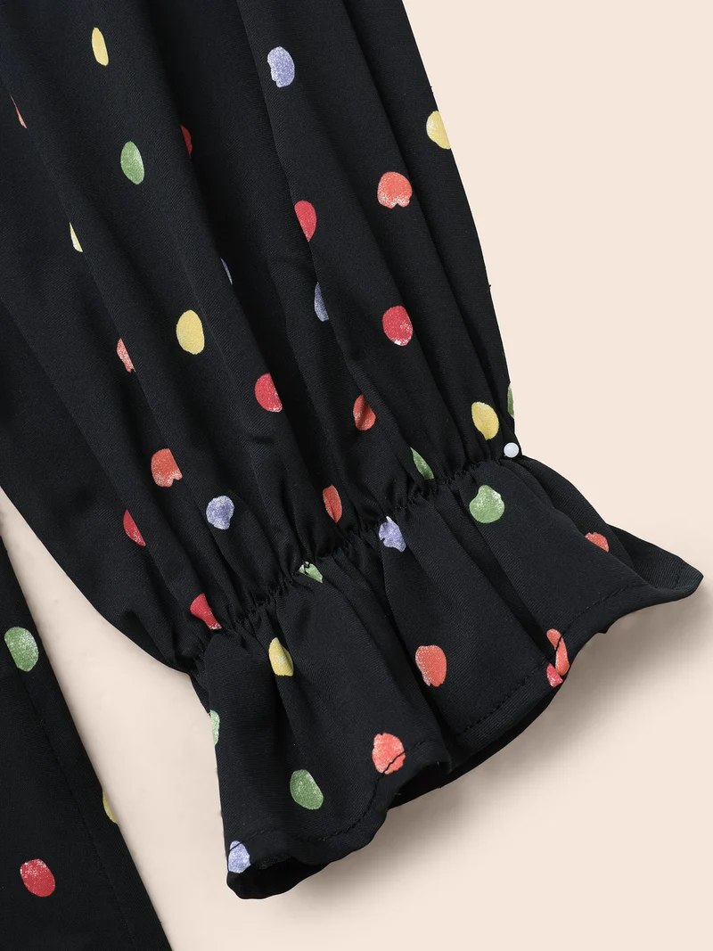 Color Polka Dot Shirred Lantern Sleeve Blouse