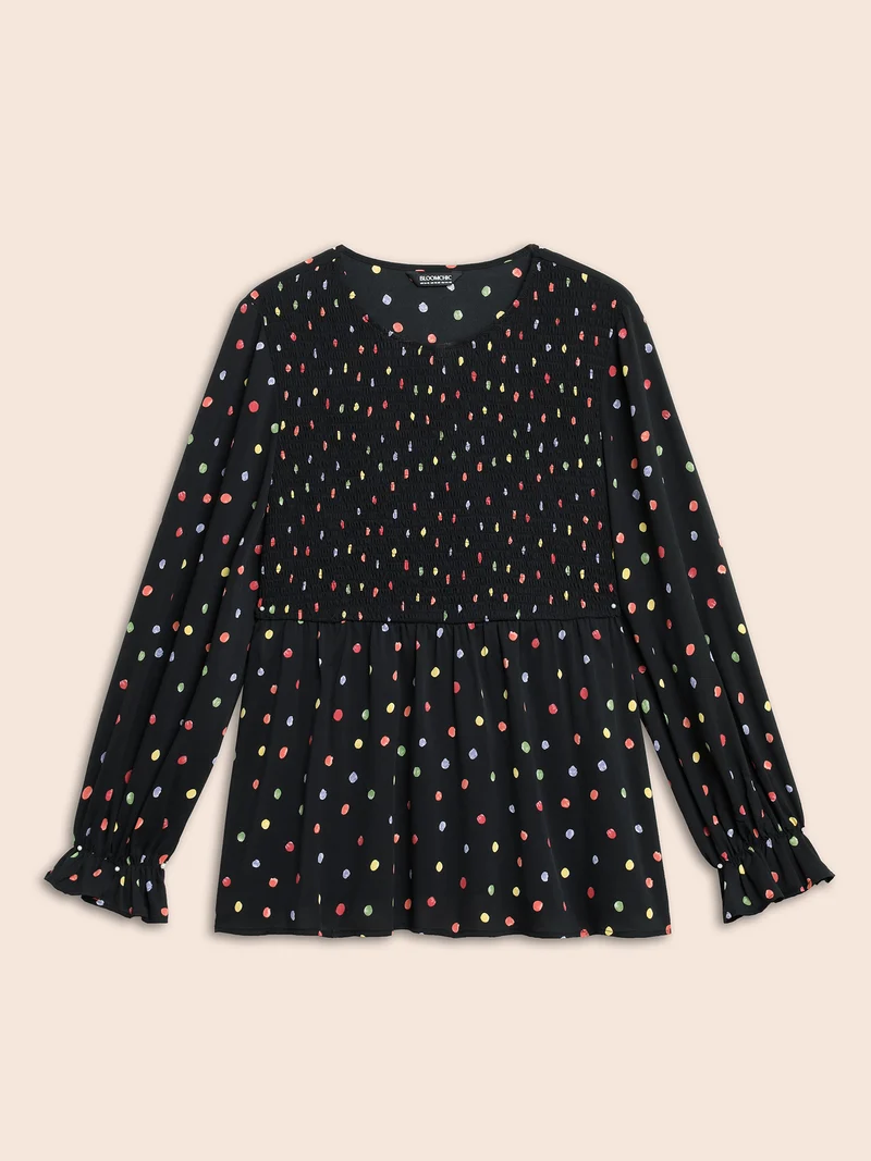 Color Polka Dot Shirred Lantern Sleeve Blouse