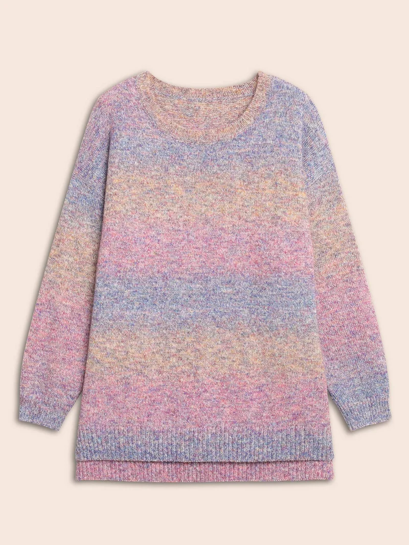 Gradient Dyeing Round Neck Slit Hem Pullover