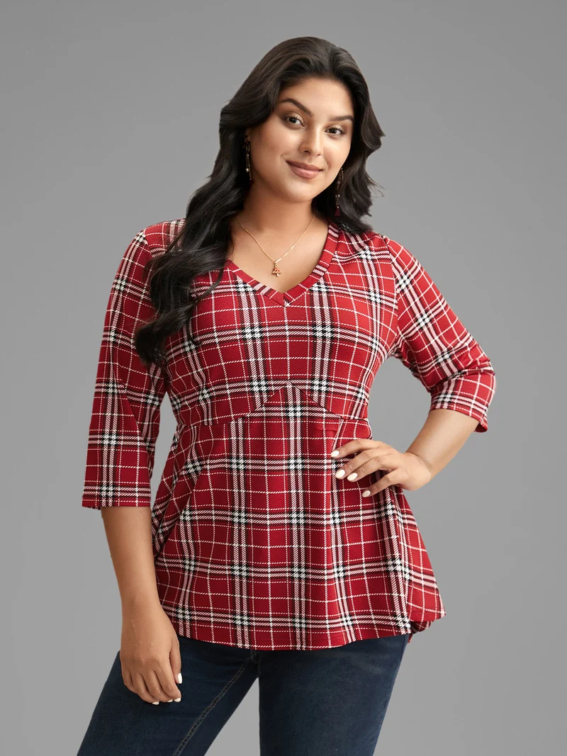 Plaid Quarter-Sleeve Elastic Waist Tee