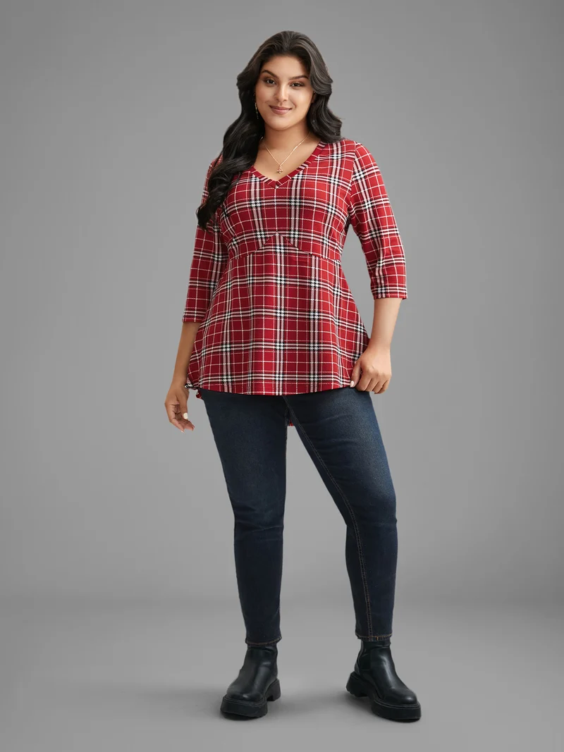 Plaid Quarter-Sleeve Elastic Waist Tee