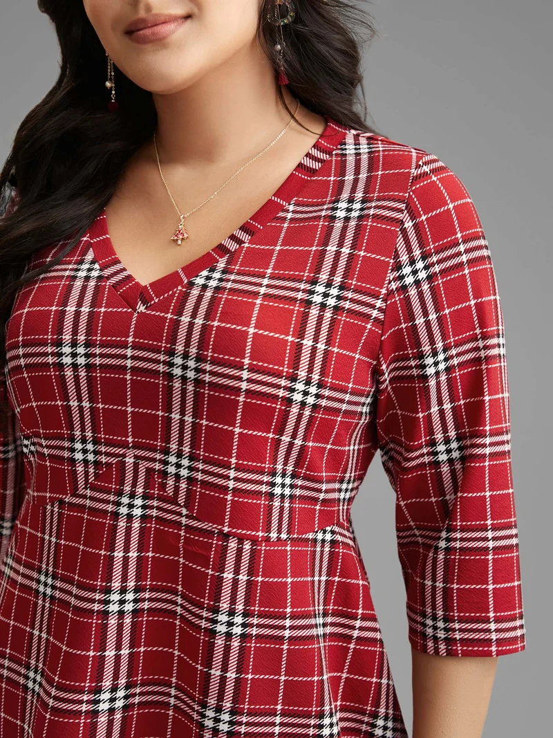 Plaid Quarter-Sleeve Elastic Waist Tee