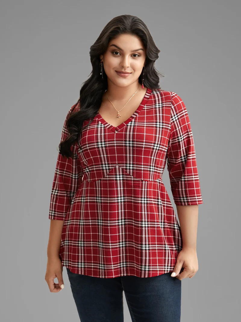 Plaid Quarter-Sleeve Elastic Waist Tee