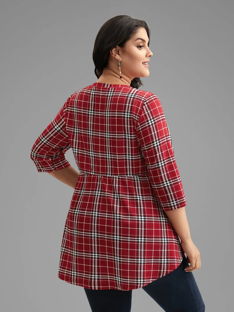 Plaid Quarter-Sleeve Elastic Waist Tee