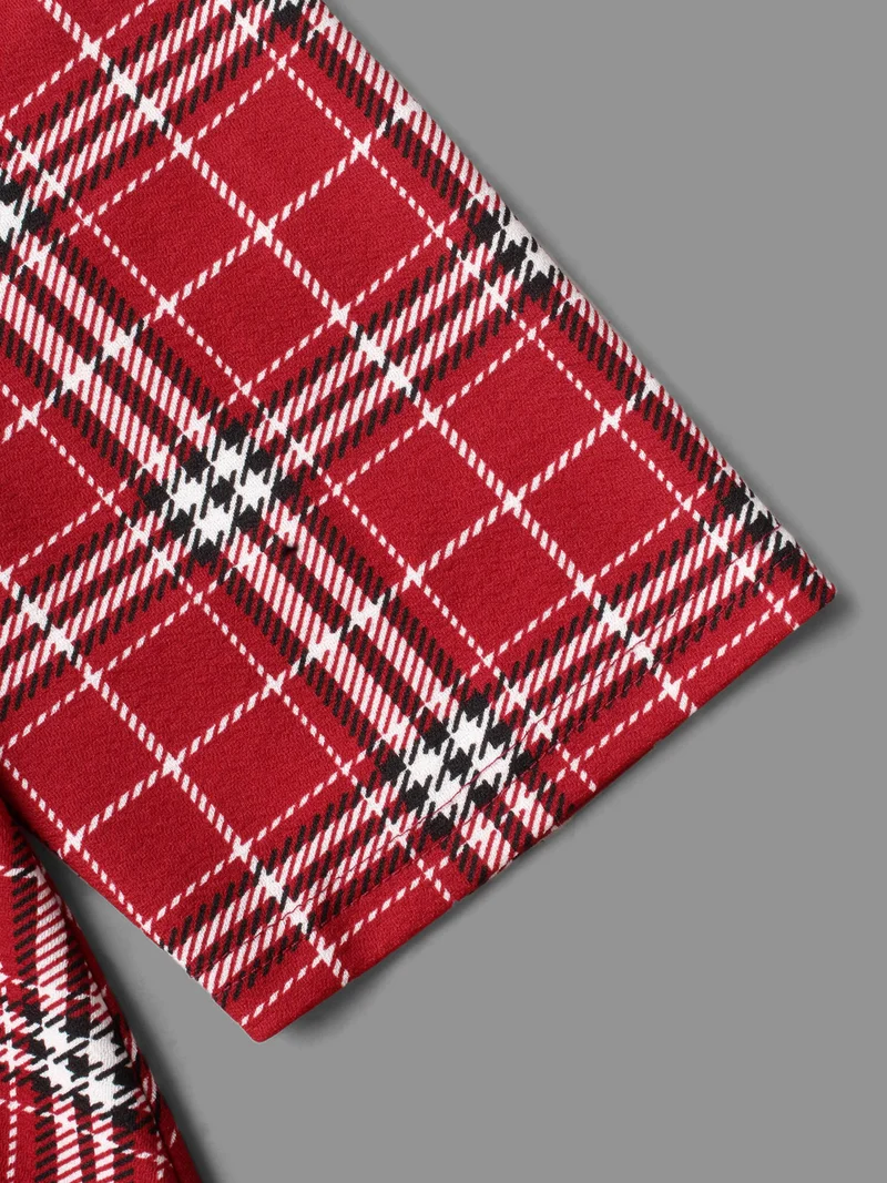 Plaid Quarter-Sleeve Elastic Waist Tee
