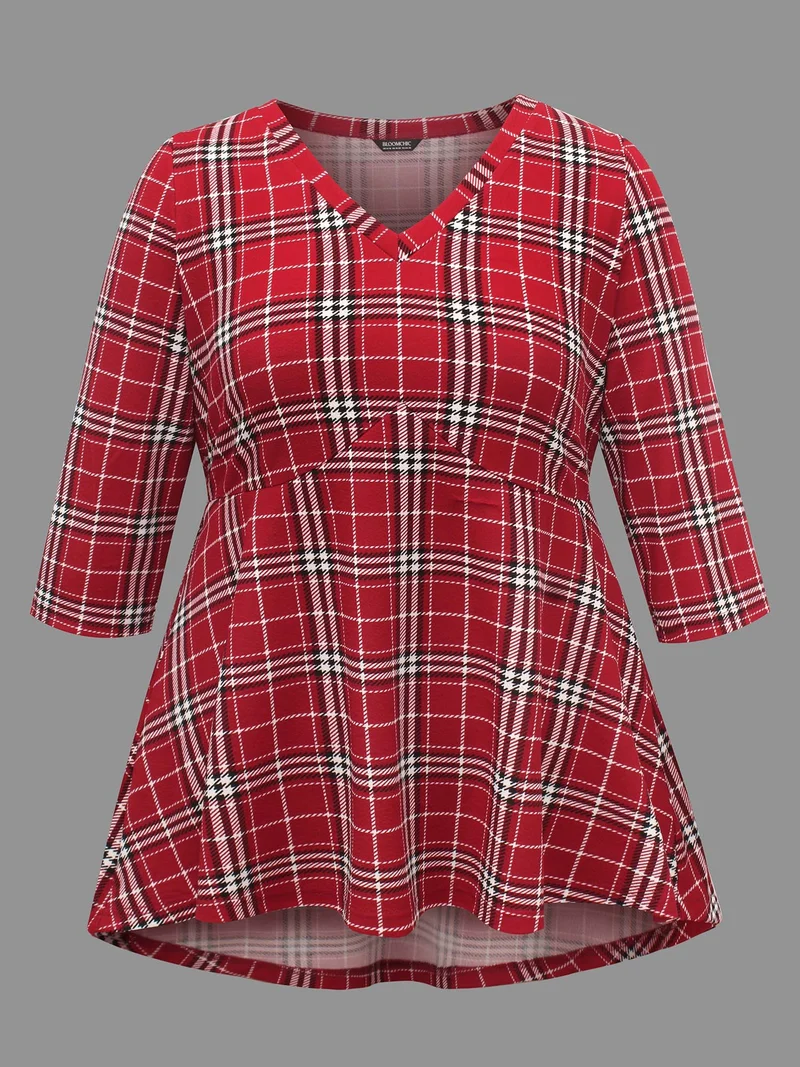 Plaid Quarter-Sleeve Elastic Waist Tee