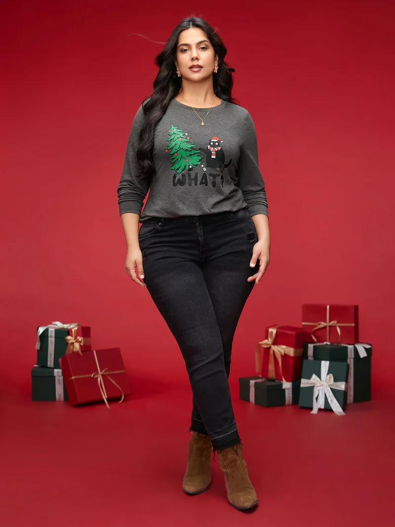 Festive Cat And Tree Printed Slim-Fit Tee