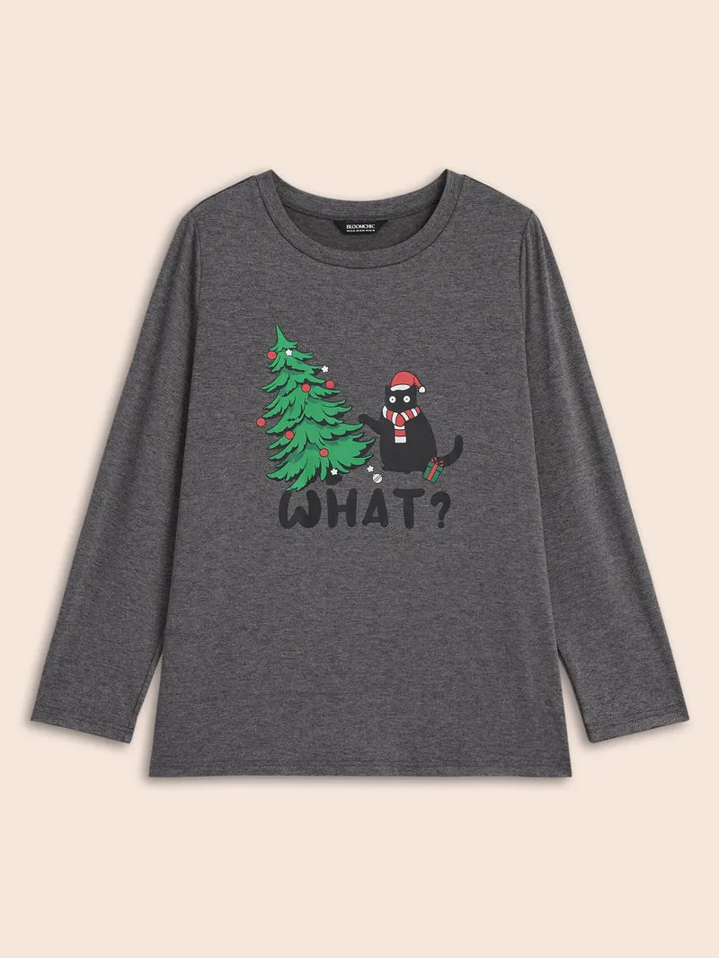 Festive Cat And Tree Printed Slim-Fit Tee