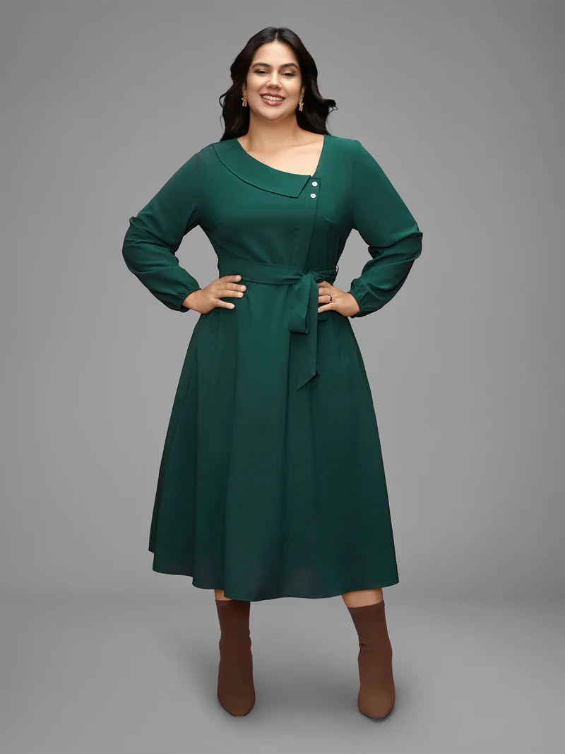 Asymmetrical Neckline Waist-Tie Midi Dress