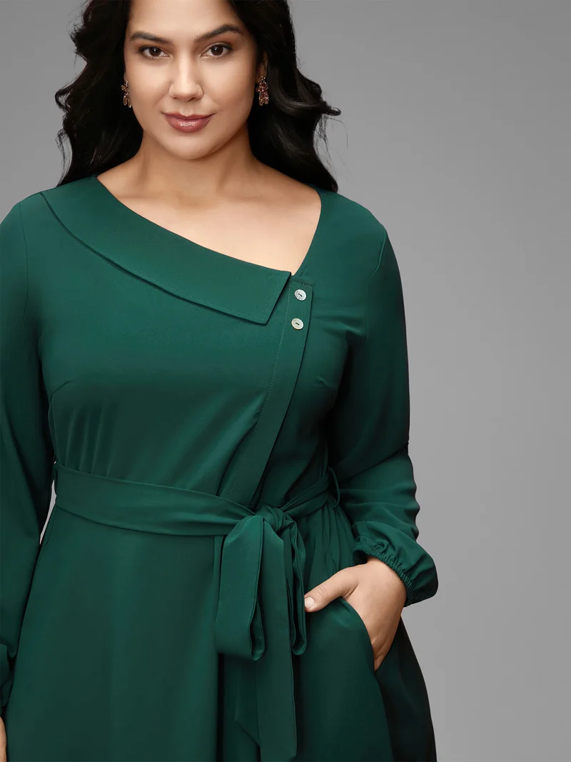 Asymmetrical Neckline Waist-Tie Midi Dress