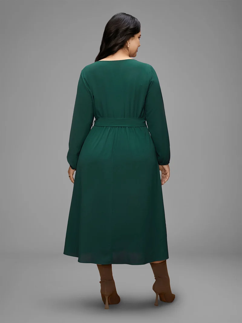 Asymmetrical Neckline Waist-Tie Midi Dress