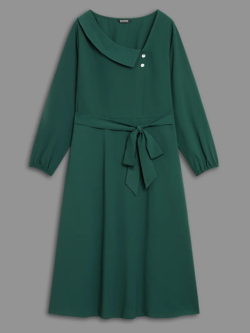 Asymmetrical Neckline Waist-Tie Midi Dress