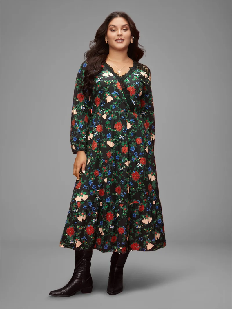 Floral Lace Surplice Neckline Midi Dress