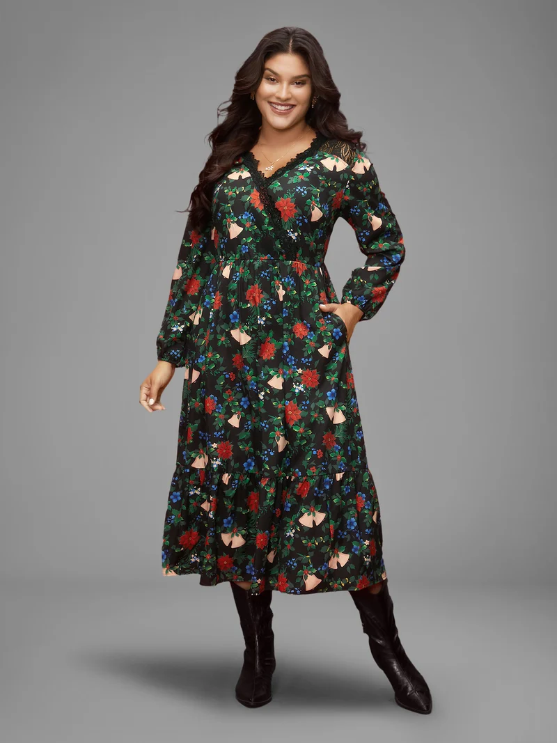 Floral Lace Surplice Neckline Midi Dress