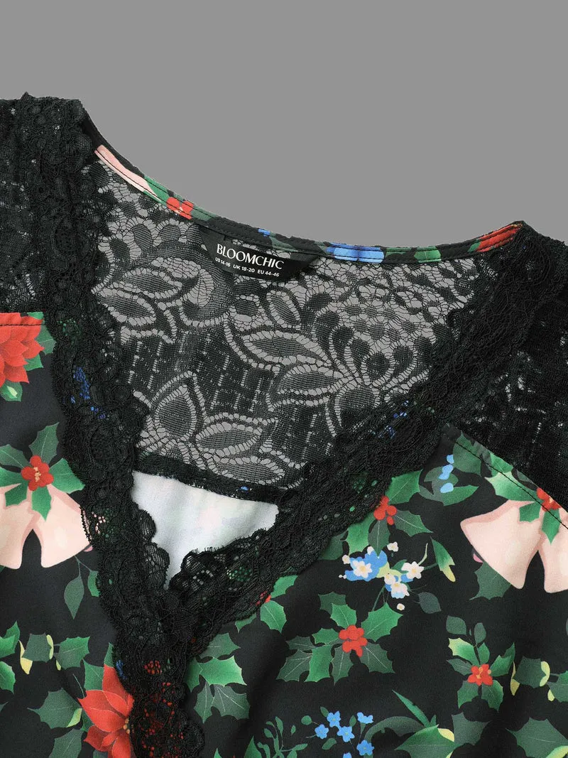 Floral Lace Surplice Neckline Midi Dress