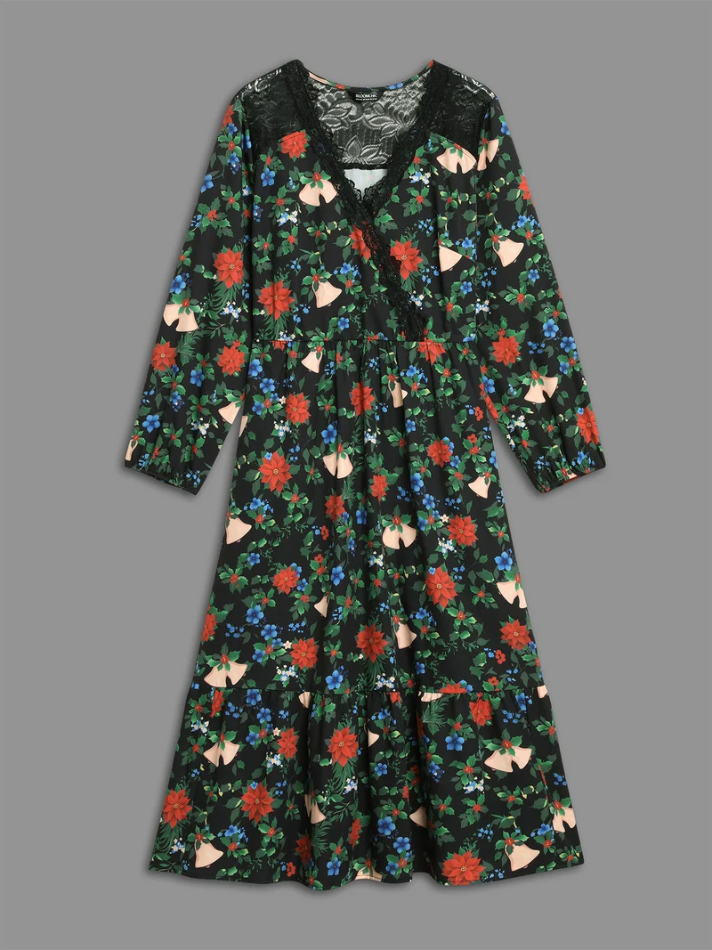 Floral Lace Surplice Neckline Midi Dress