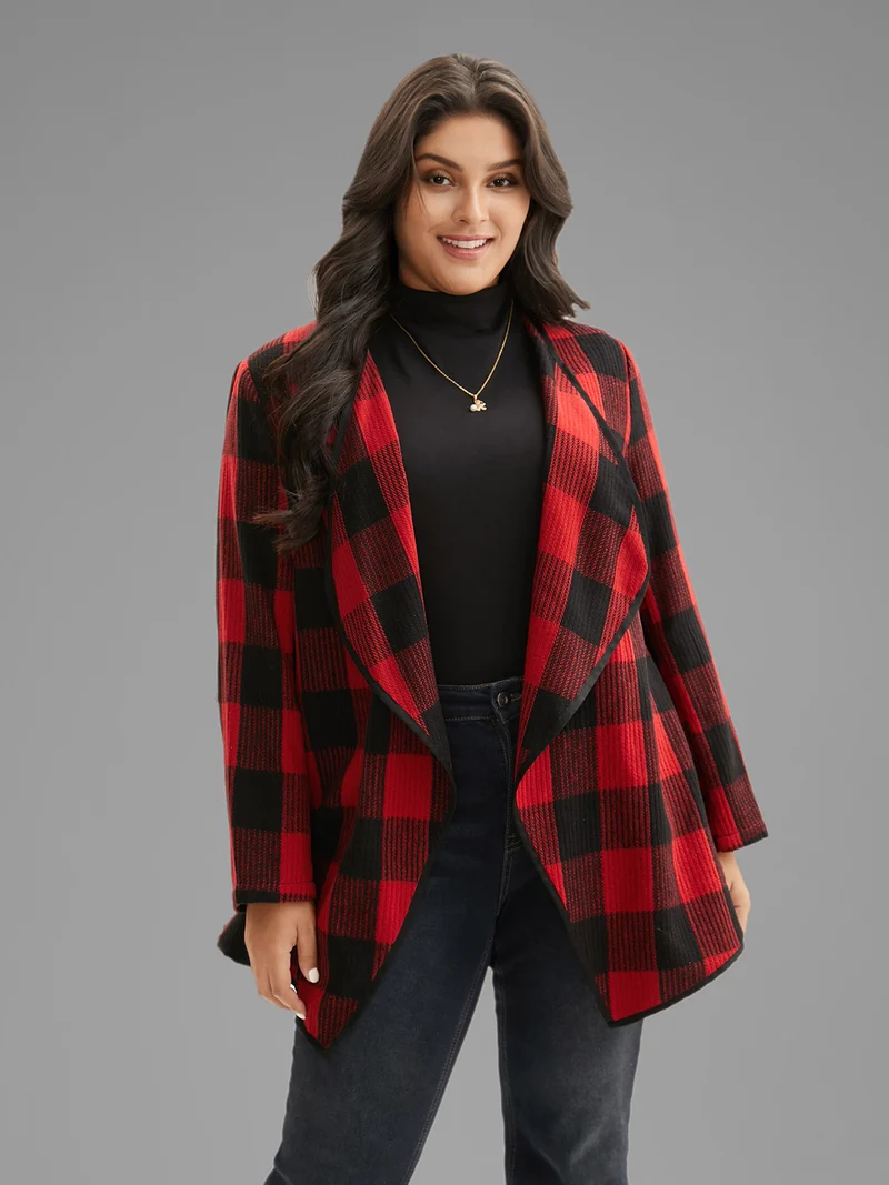 Festive Plaid Curved Hem Cardigan
