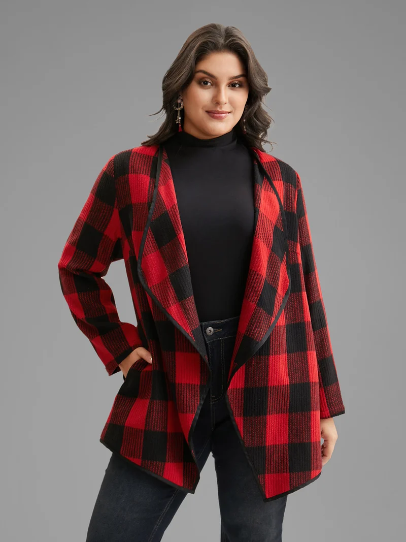 Festive Plaid Curved Hem Cardigan