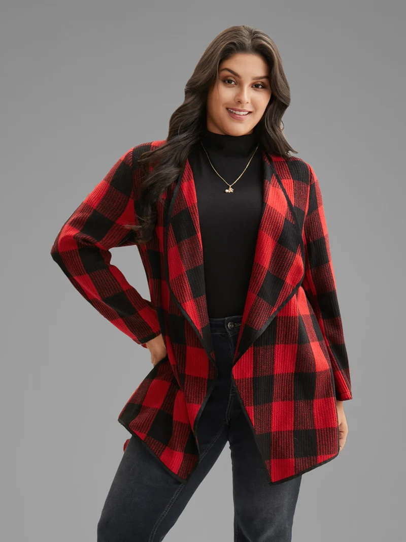 Festive Plaid Curved Hem Cardigan