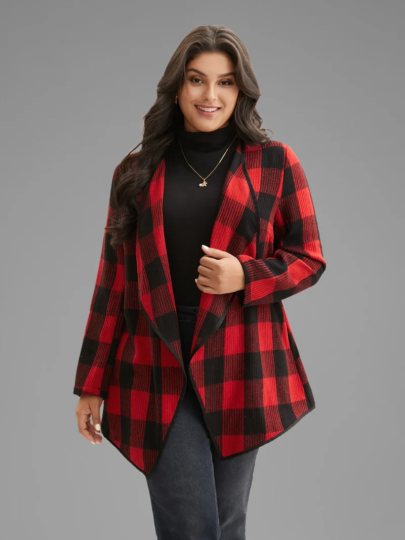 Festive Plaid Curved Hem Cardigan