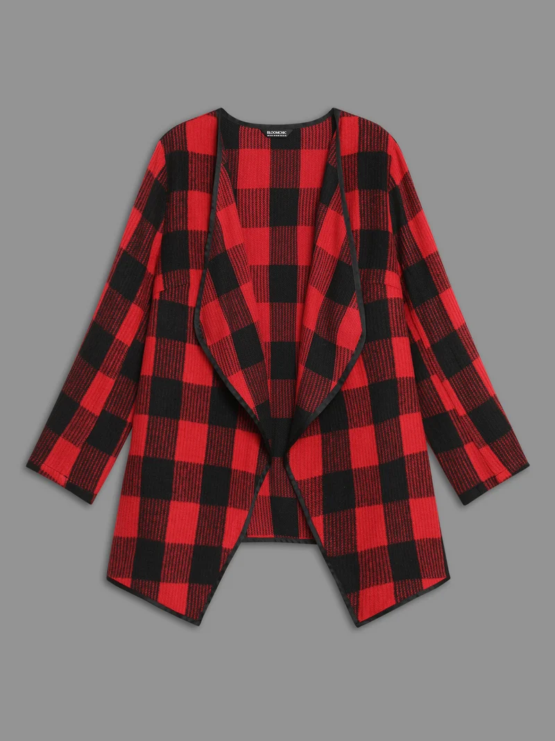 Festive Plaid Curved Hem Cardigan