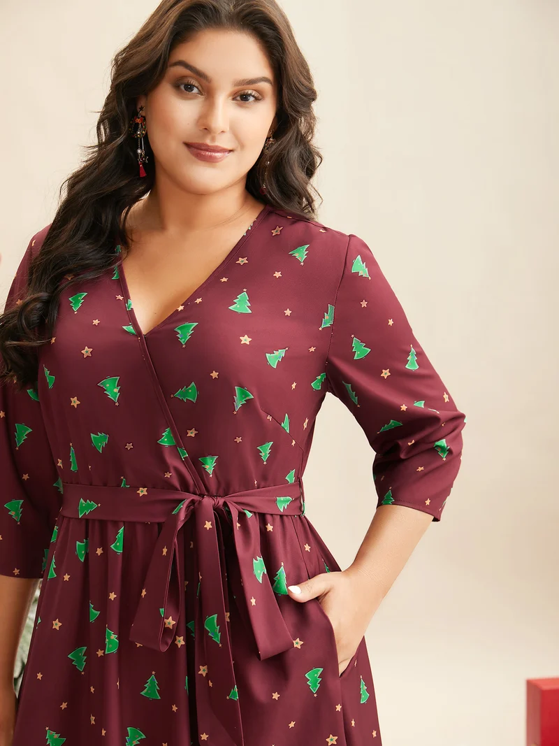 Trees And Stars Print Surplice Neckline Midi Dress