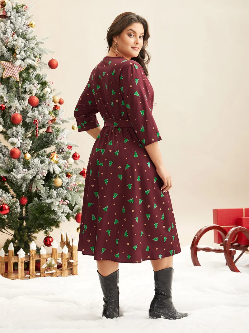 Trees And Stars Print Surplice Neckline Midi Dress
