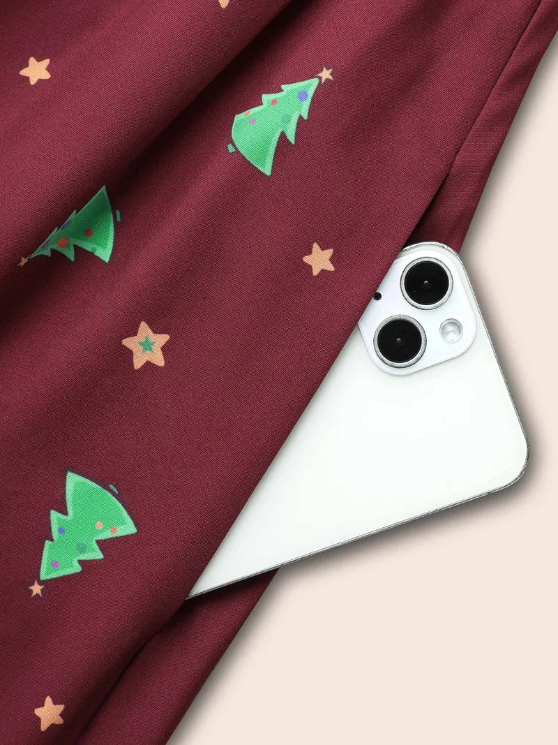 Trees And Stars Print Surplice Neckline Midi Dress