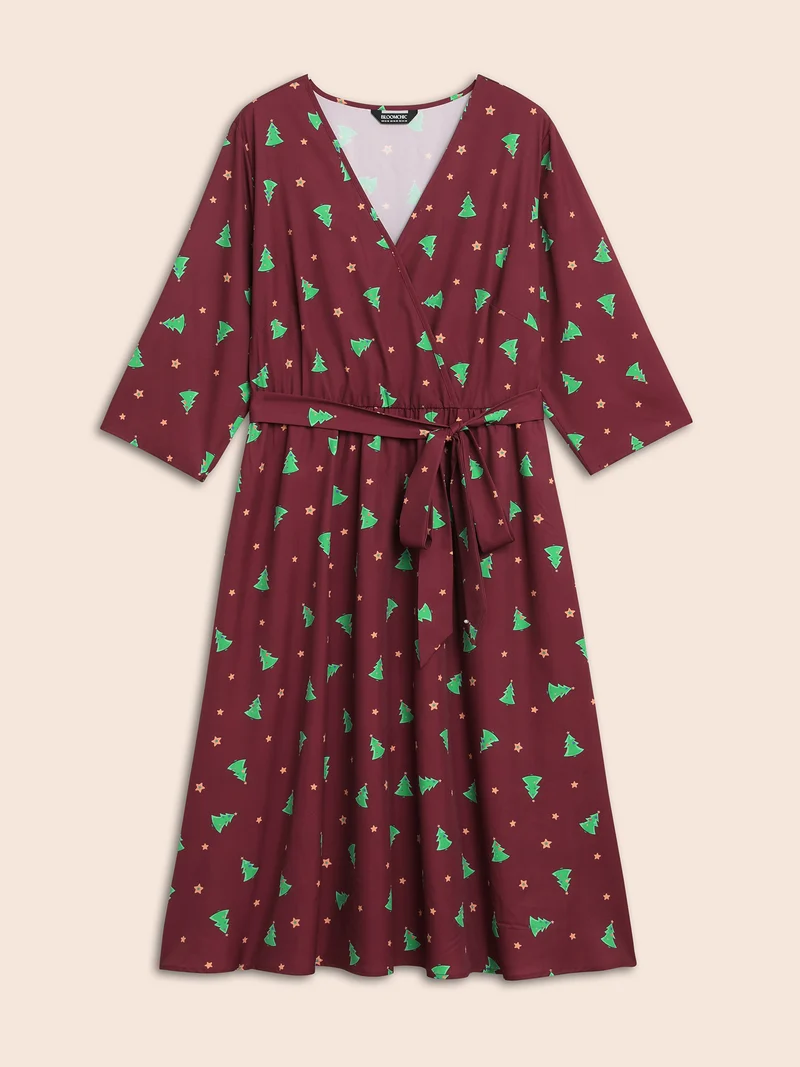 Trees And Stars Print Surplice Neckline Midi Dress