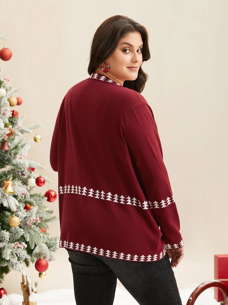Holiday Pattern Hem Lapel Collar Knit Cardigan