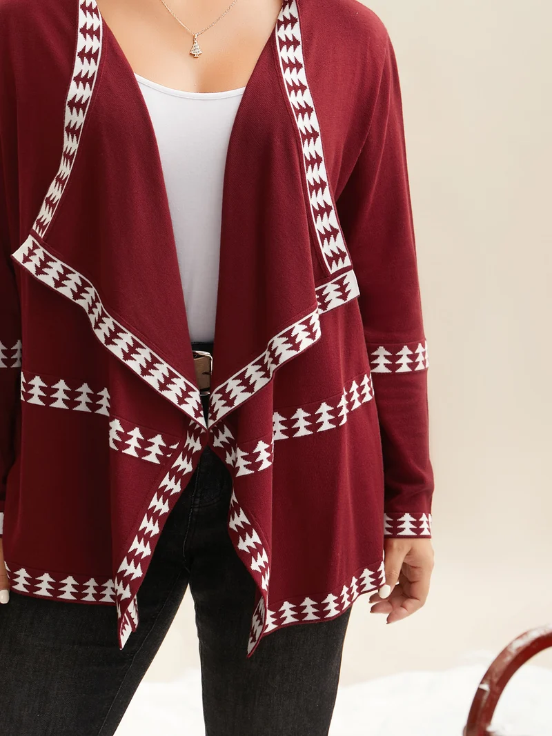 Holiday Pattern Hem Lapel Collar Knit Cardigan