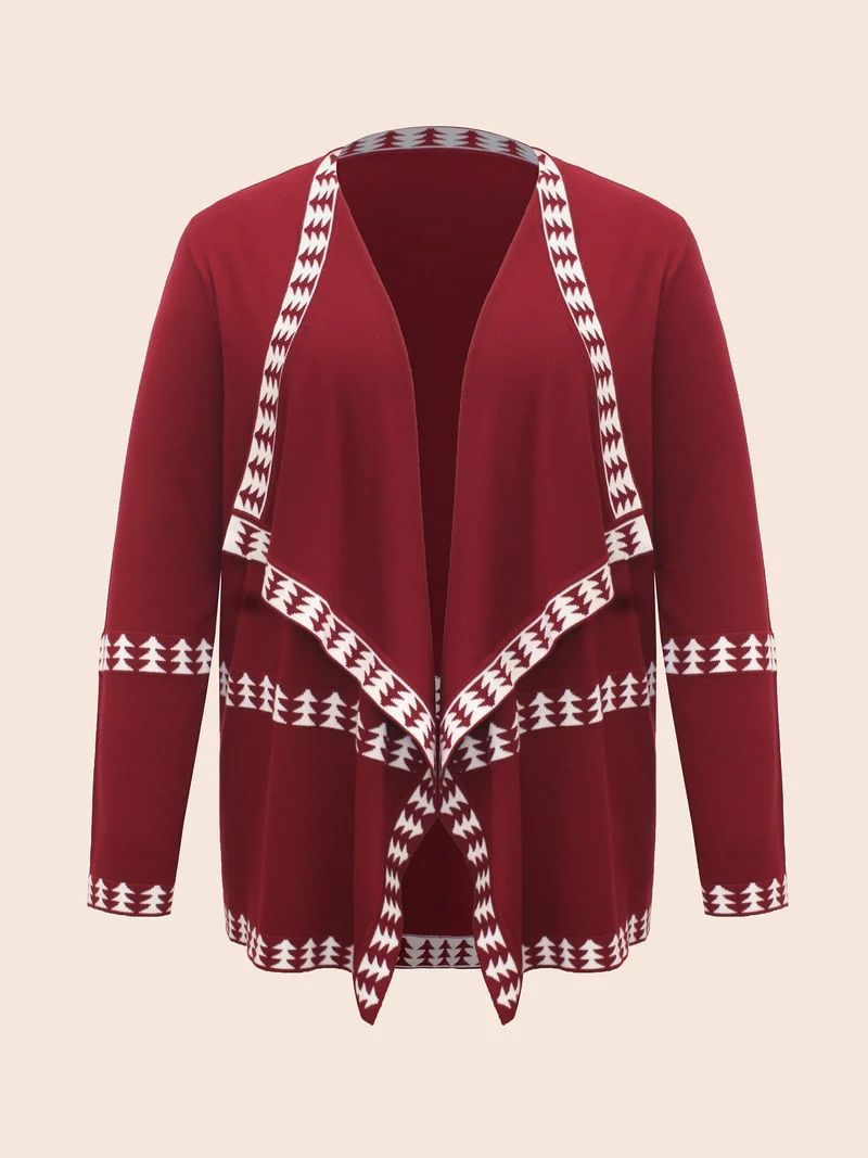 Holiday Pattern Hem Lapel Collar Knit Cardigan