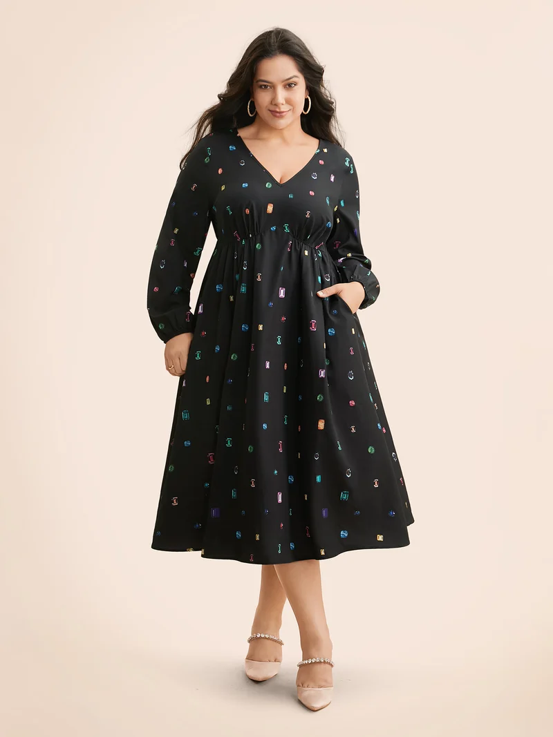 Color Diamond Print V Neck Dress