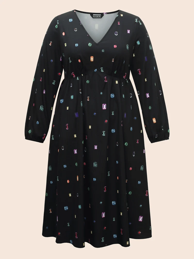 Color Diamond Print V Neck Dress